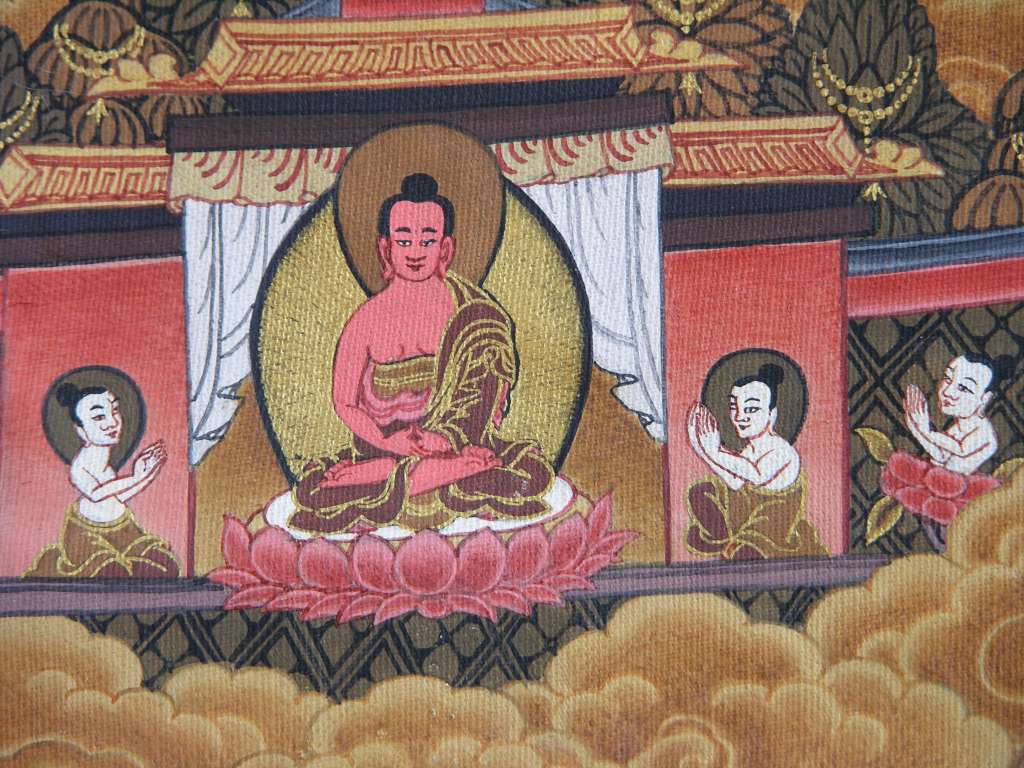 Tibetan Buddhism Wheel Of Life 02 Buddha Upper Left In the upper left corner of the painting, Buddha is teaching disciples how to liberate themselves from samsara.
